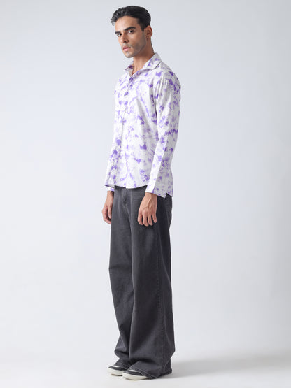 Purple printed twill weave casual shirt ,has a spread collar, button placket, long regular sleeves, curved hem