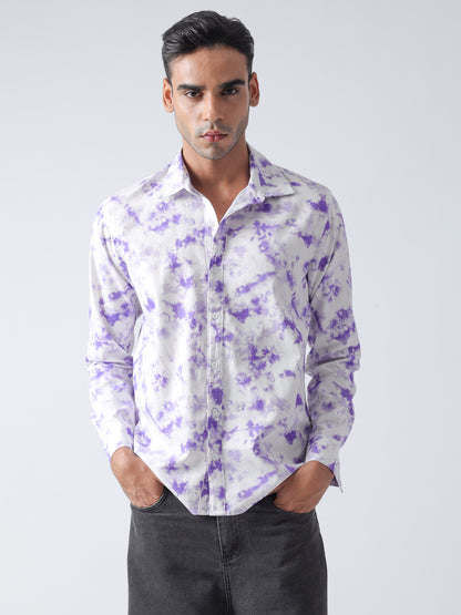 Purple printed twill weave casual shirt ,has a spread collar, button placket, long regular sleeves, curved hem