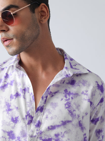 Purple printed twill weave casual shirt ,has a spread collar, button placket, long regular sleeves, curved hem