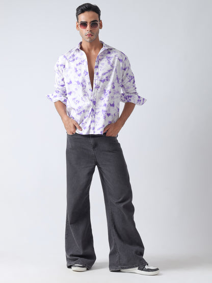 Purple printed twill weave casual shirt ,has a spread collar, button placket, long regular sleeves, curved hem