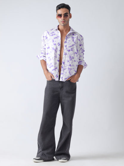 Purple printed twill weave casual shirt ,has a spread collar, button placket, long regular sleeves, curved hem