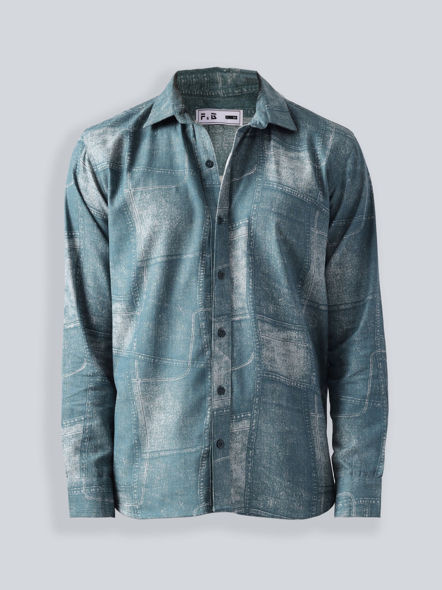 F&B Men's Cotton Slim Fit Denim Printed Cuban Collar Full Sleeve Shirt Deep Teal