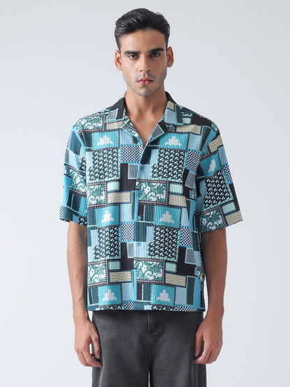 F&B Men's Polyester Oversized Fit Cuban Collar Turkey Striped Digital Printed Half Sleeve Shirt Teal