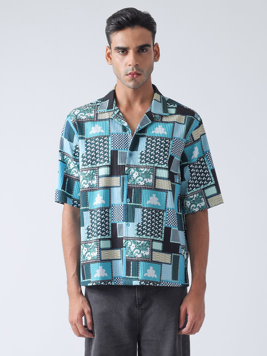 F&B Men's Polyester Oversized Fit Cuban Collar Turkey Striped Digital Printed Half Sleeve Shirt Teal