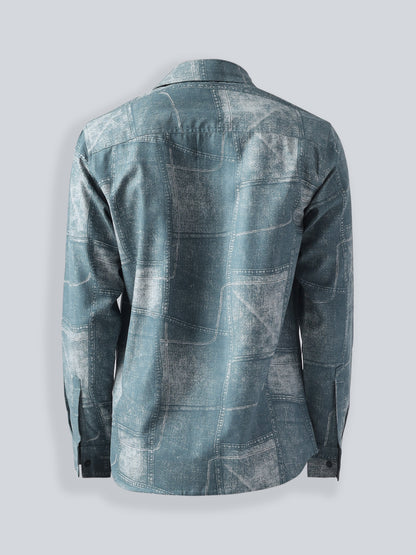 F&B Men's Cotton Slim Fit Denim Printed Cuban Collar Full Sleeve Shirt Deep Teal