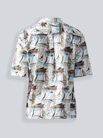 F&B Men's Polyester Oversized Fit Cuban Collar Digital Printed Half Sleeve Shirt Off White