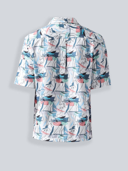 F&B Men's Polyester Oversized Fit Cuban Collar Digital Printed Half Sleeve Shirt Off White and Blue