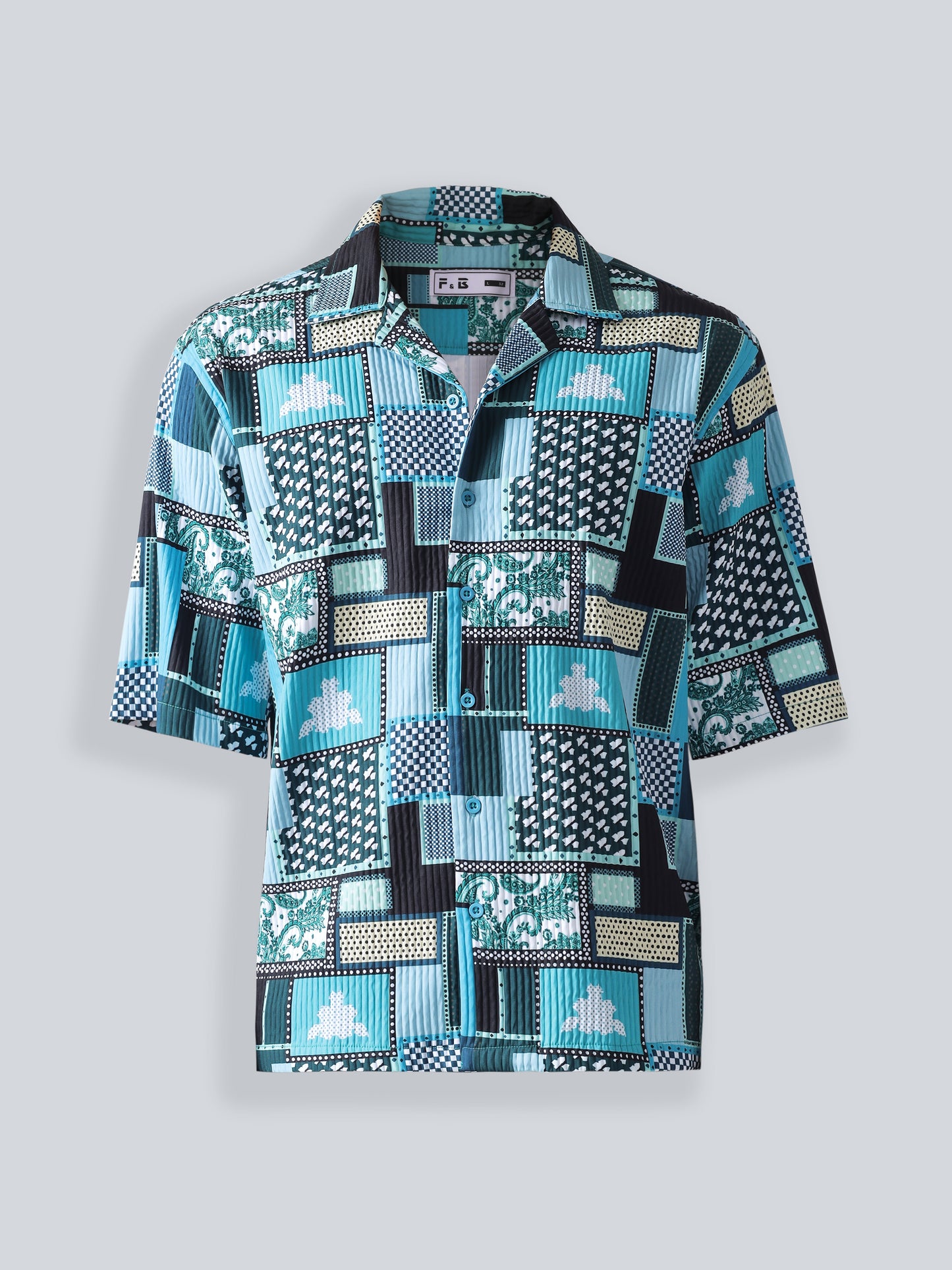 F&B Men's Polyester Oversized Fit Cuban Collar Turkey Striped Digital Printed Half Sleeve Shirt Teal