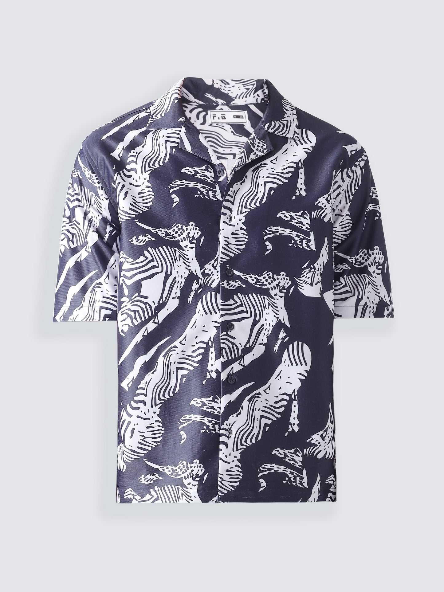 F&B Men's Polyester Oversized Fit Cuban Collar Digital Printed Half Sleeve Shirt Navy