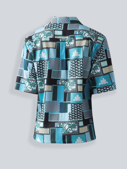 F&B Men's Polyester Oversized Fit Cuban Collar Turkey Striped Digital Printed Half Sleeve Shirt Teal