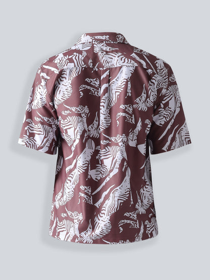 F&B Men's Polyester Oversized Fit Cuban Collar Digital Printed Half Sleeve Shirt Chocolate