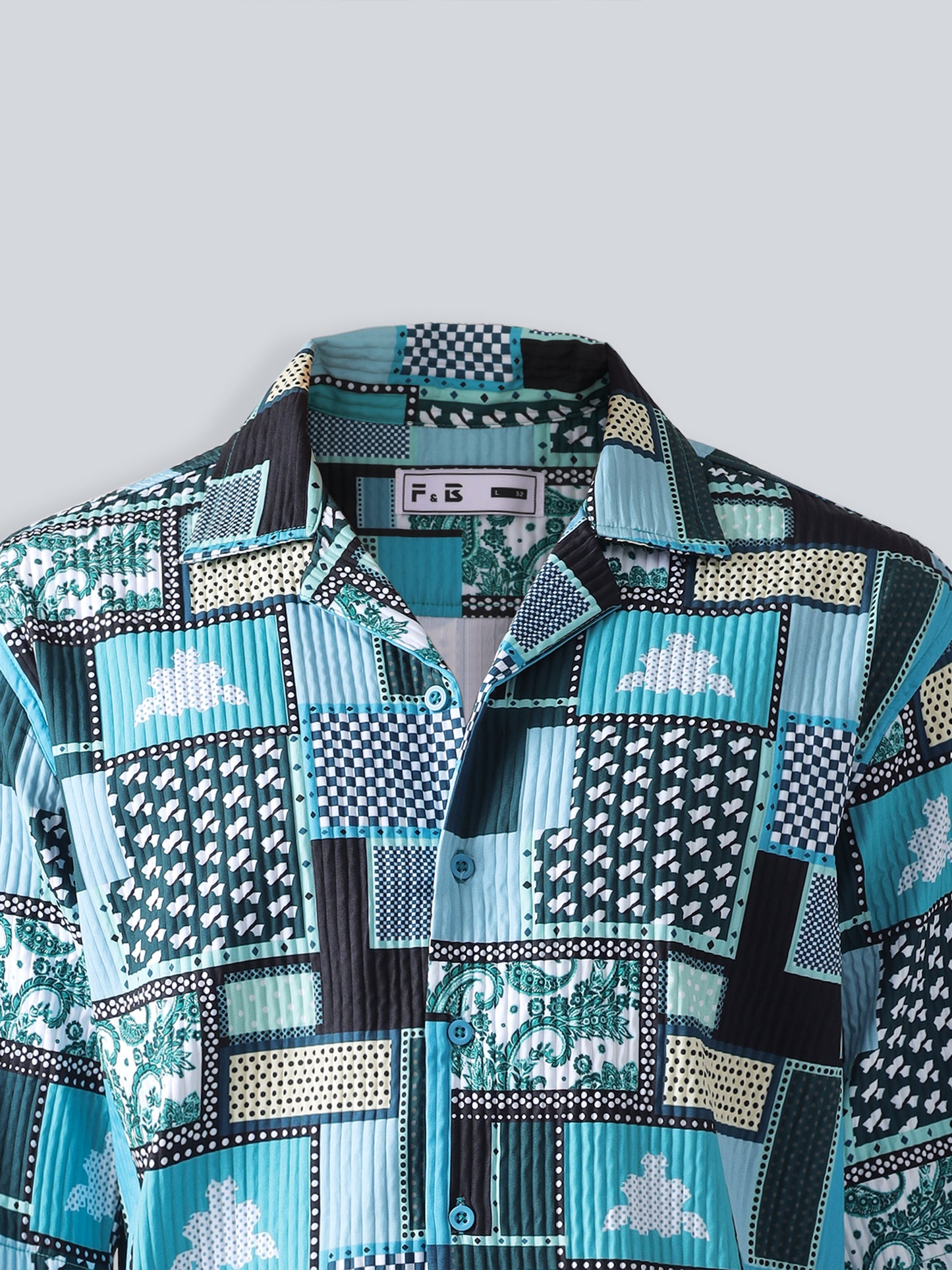 F&B Men's Polyester Oversized Fit Cuban Collar Turkey Striped Digital Printed Half Sleeve Shirt Teal