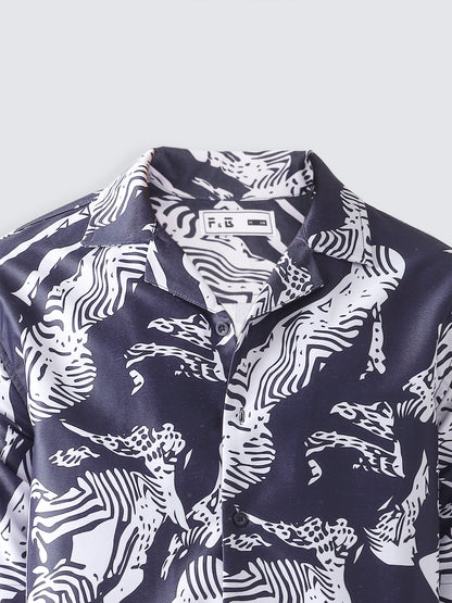 F&B Men's Polyester Oversized Fit Cuban Collar Digital Printed Half Sleeve Shirt Navy