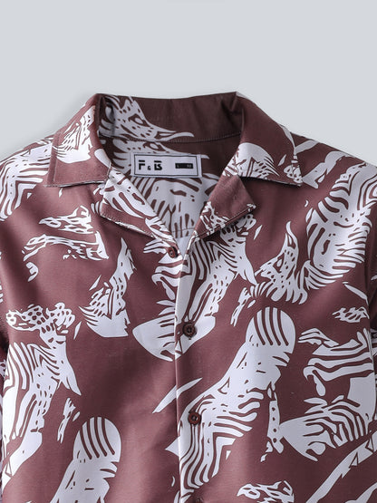 F&B Men's Polyester Oversized Fit Cuban Collar Digital Printed Half Sleeve Shirt Chocolate