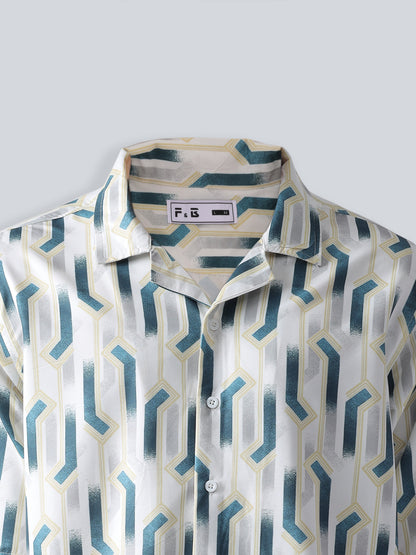 F&B Men's Polyester Oversized Fit Cuban Collar Digital Printed Half Sleeve Shirt Green