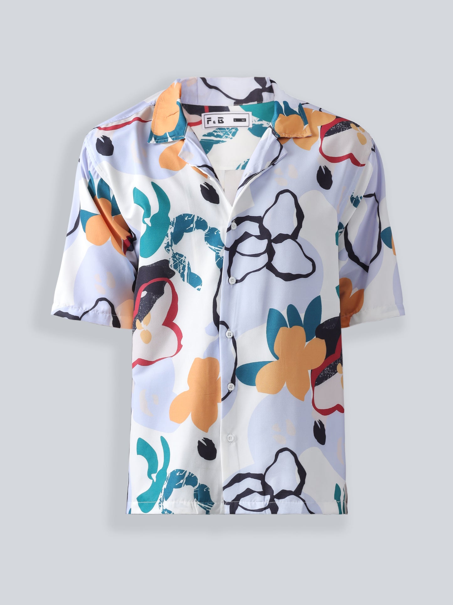 F&B Men's Polyester Oversized Fit Cuban Collar Digital Printed Half Sleeve Shirt Multicolor