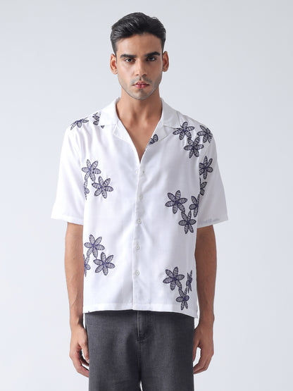 F&B Men's Pure Cotton Floral Embroidered Oversized Fit Cuban Collar Needle Work Half Sleeve Shirt White and Navy