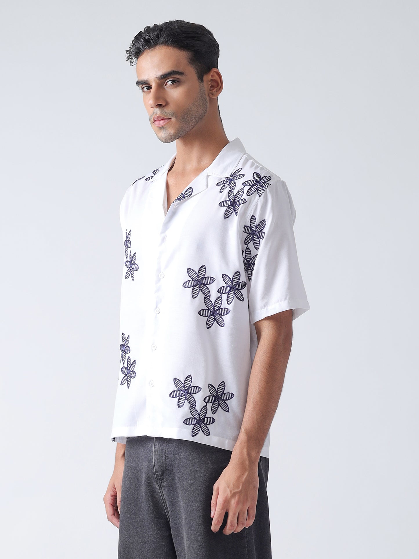 F&B Men's Pure Cotton Floral Embroidered Oversized Fit Cuban Collar Needle Work Half Sleeve Shirt White and Navy