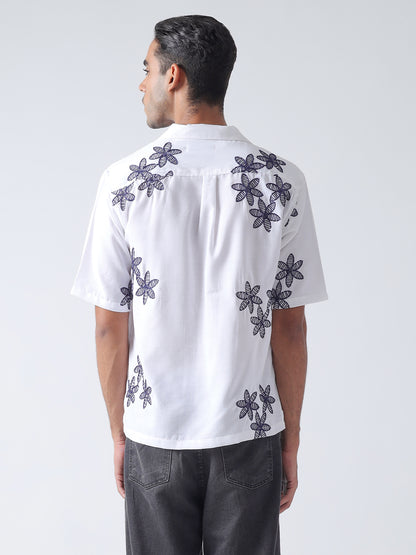 F&B Men's Pure Cotton Floral Embroidered Oversized Fit Cuban Collar Needle Work Half Sleeve Shirt White and Navy