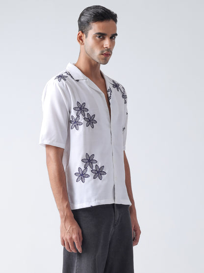 F&B Men's Pure Cotton Floral Embroidered Oversized Fit Cuban Collar Needle Work Half Sleeve Shirt White and Navy