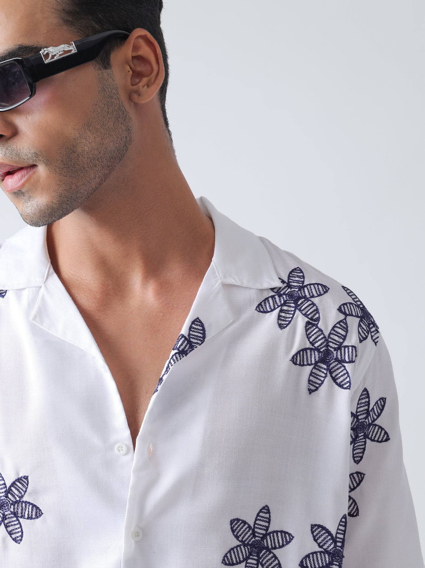 F&B Men's Pure Cotton Floral Embroidered Oversized Fit Cuban Collar Needle Work Half Sleeve Shirt White and Navy