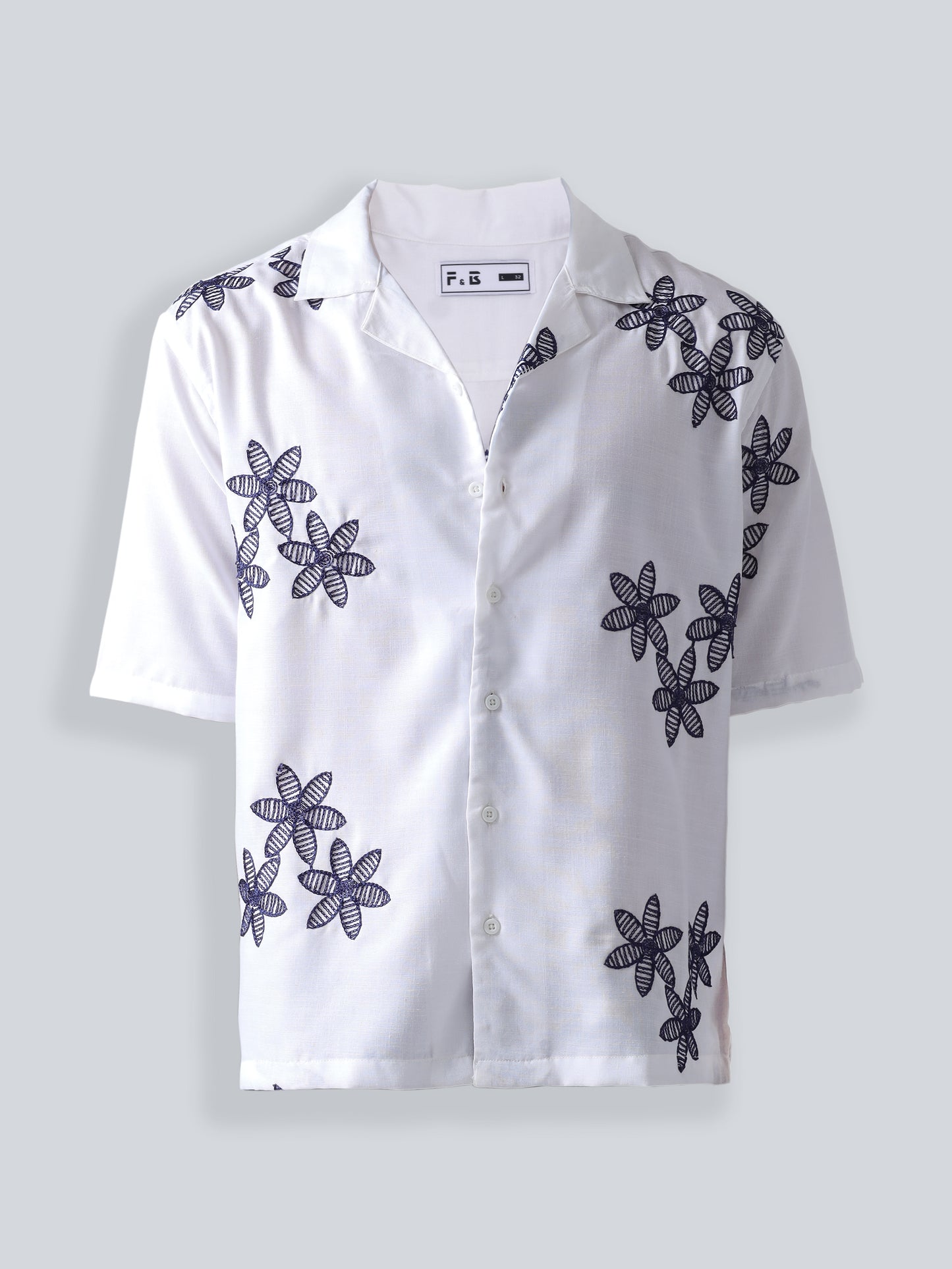 F&B Men's Pure Cotton Floral Embroidered Oversized Fit Cuban Collar Needle Work Half Sleeve Shirt White and Navy