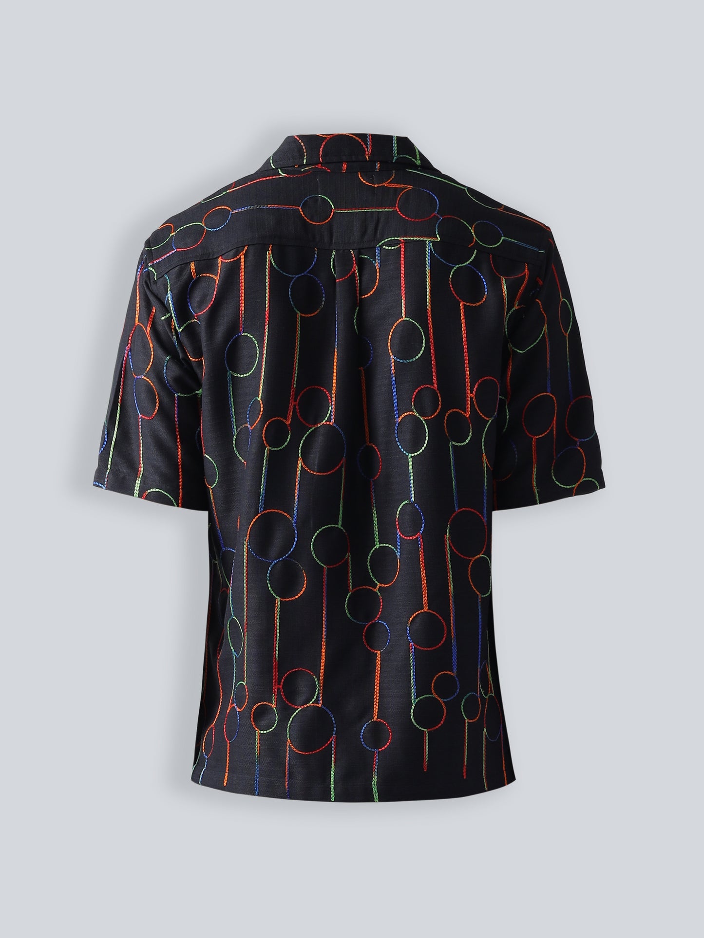 F&B Men's Cotton Embroidered Oversized Fit Cuban Collar Needle Work Half Sleeve Shirt Black