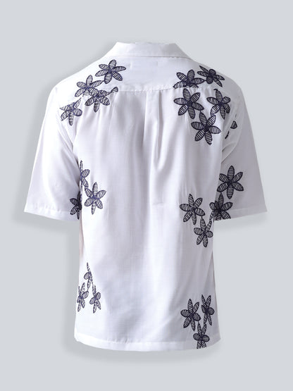 F&B Men's Pure Cotton Floral Embroidered Oversized Fit Cuban Collar Needle Work Half Sleeve Shirt White and Navy