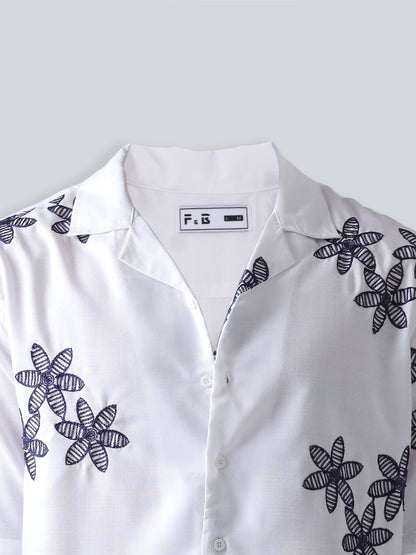 F&B Men's Pure Cotton Floral Embroidered Oversized Fit Cuban Collar Needle Work Half Sleeve Shirt White and Navy