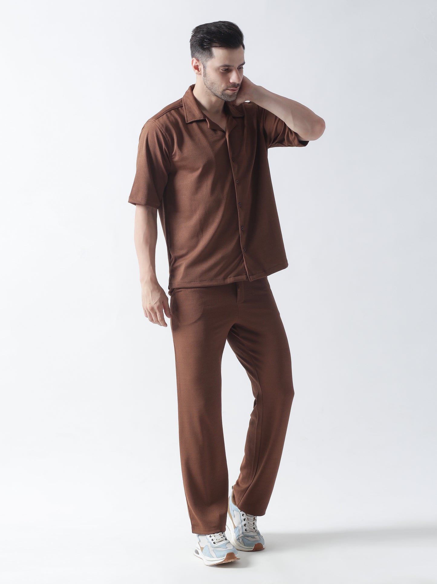 Chocolate Stripe Casual Shirt, Has A Cuban Collar, Button Placket, Short Regular Sleeves, Straight Hem