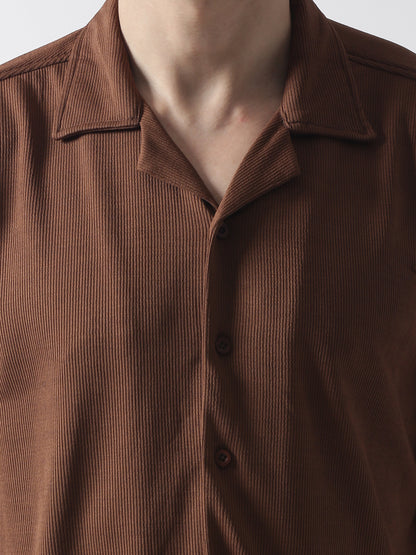 Chocolate Stripe Casual Shirt, Has A Cuban Collar, Button Placket, Short Regular Sleeves, Straight Hem