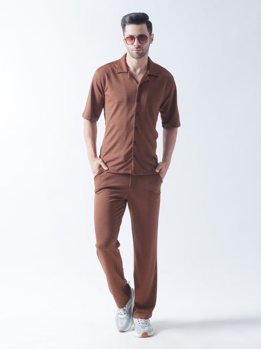 Chocolate Stripe Casual Shirt, Has A Cuban Collar, Button Placket, Short Regular Sleeves, Straight Hem