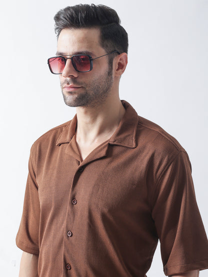 Chocolate Stripe Casual Shirt, Has A Cuban Collar, Button Placket, Short Regular Sleeves, Straight Hem