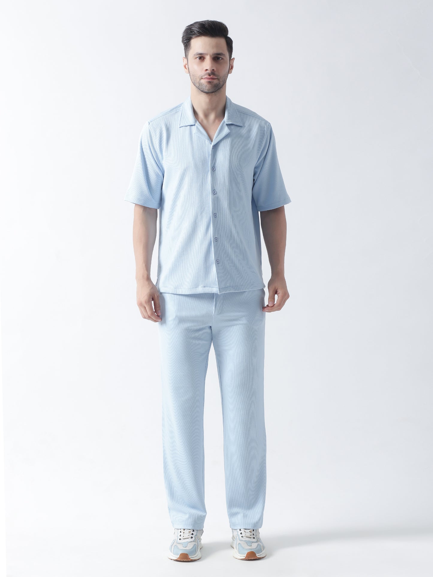 Sky Blue Stripe Casual Shirt, Has A Cuban Collar, Button Placket, Short Regular Sleeves, Straight Hem