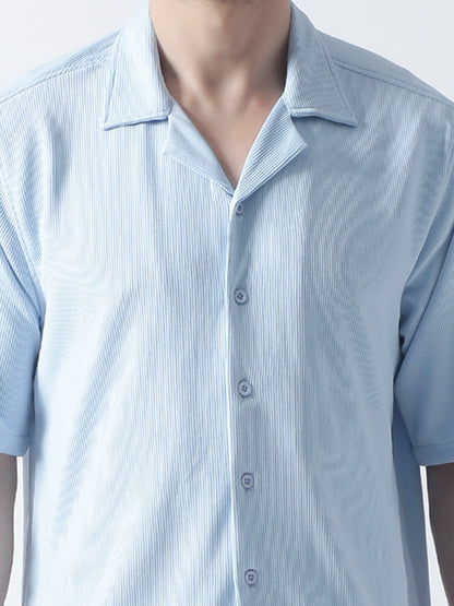 Sky Blue Stripe Casual Shirt, Has A Cuban Collar, Button Placket, Short Regular Sleeves, Straight Hem