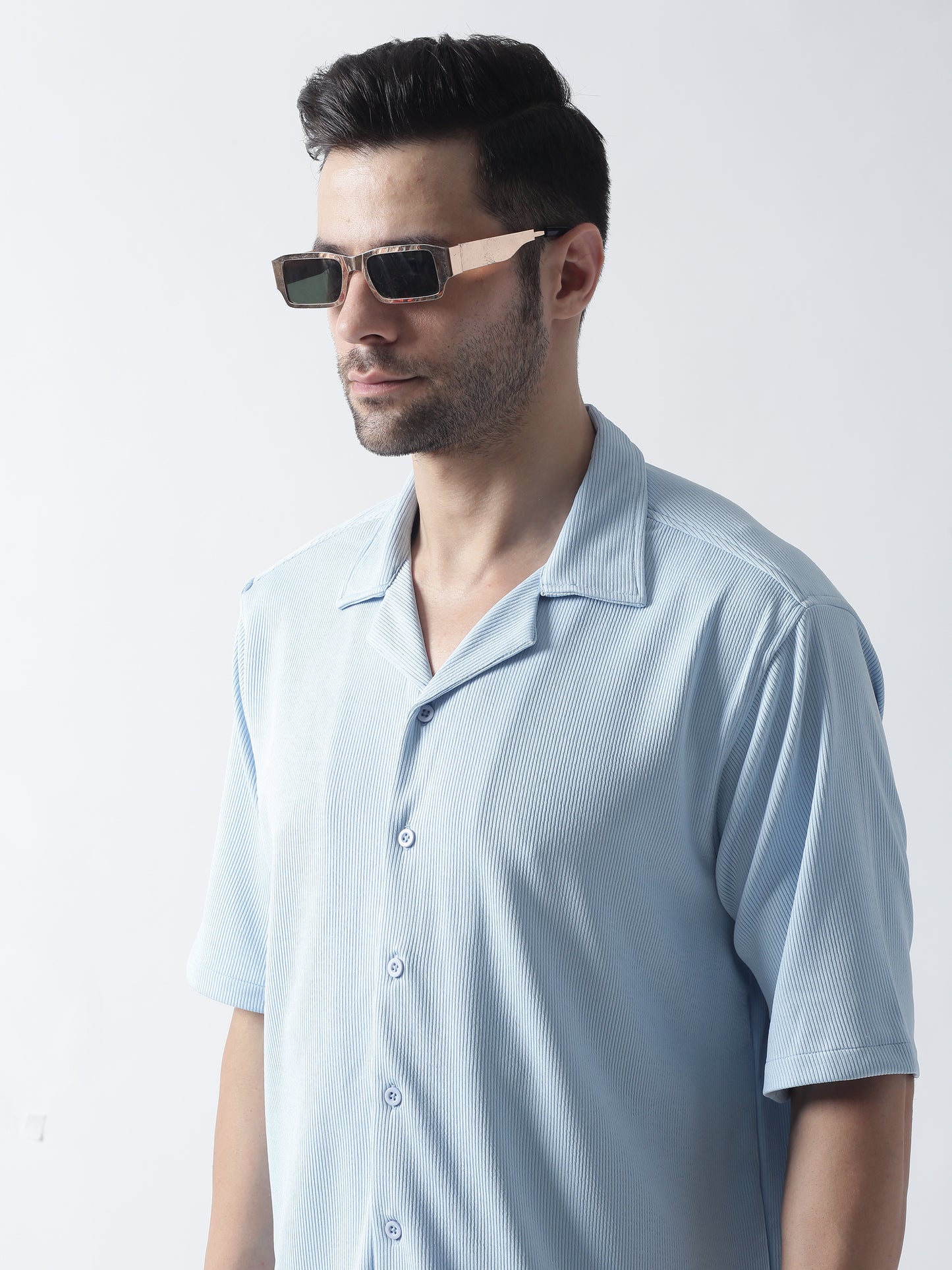 Sky Blue Stripe Casual Shirt, Has A Cuban Collar, Button Placket, Short Regular Sleeves, Straight Hem