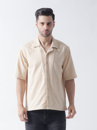 Cream Self Design Textured Casual Shirt