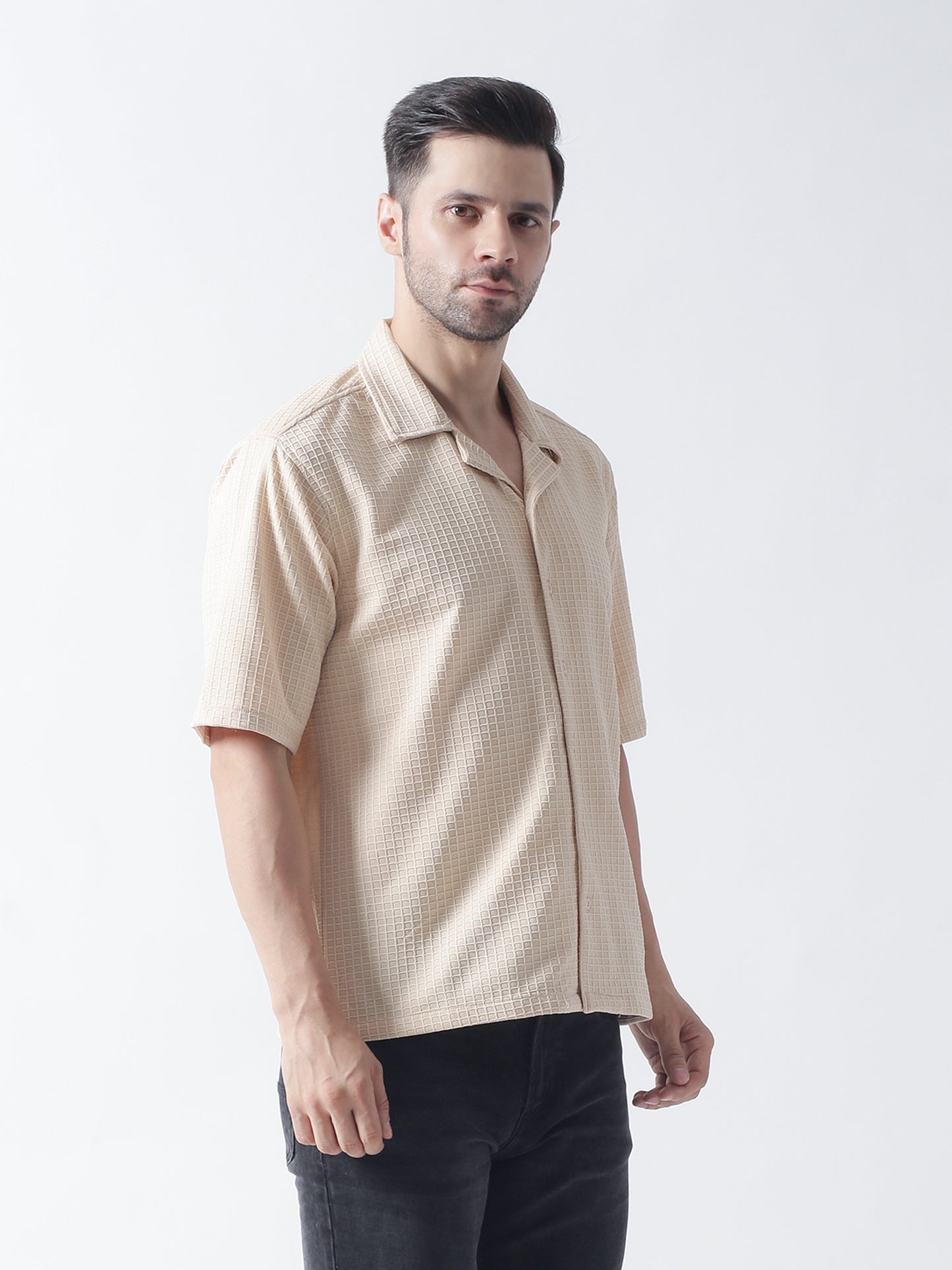 Cream Self Design Textured Casual Shirt