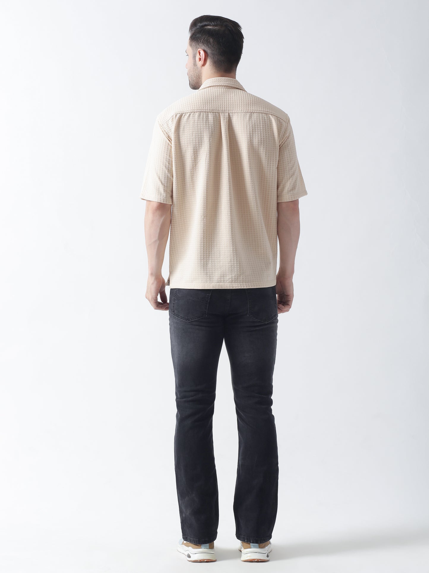 Cream Self Design Textured Casual Shirt