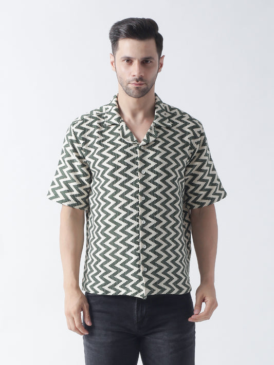 Green Crocia Casual Shirt, Has A Cuban Collar, Button Placket, Short Regular Sleeves, Straight Hem