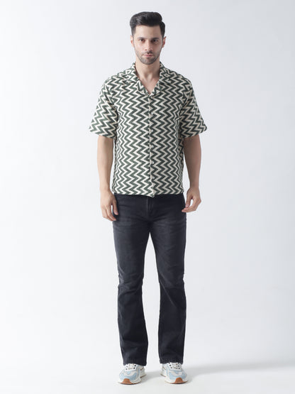 Green Crocia Casual Shirt, Has A Cuban Collar, Button Placket, Short Regular Sleeves, Straight Hem