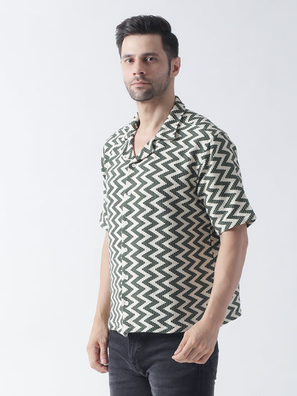 Green Crocia Casual Shirt, Has A Cuban Collar, Button Placket, Short Regular Sleeves, Straight Hem