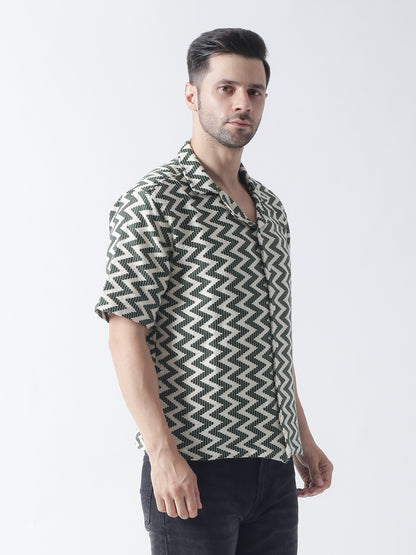 Green Crocia Casual Shirt, Has A Cuban Collar, Button Placket, Short Regular Sleeves, Straight Hem