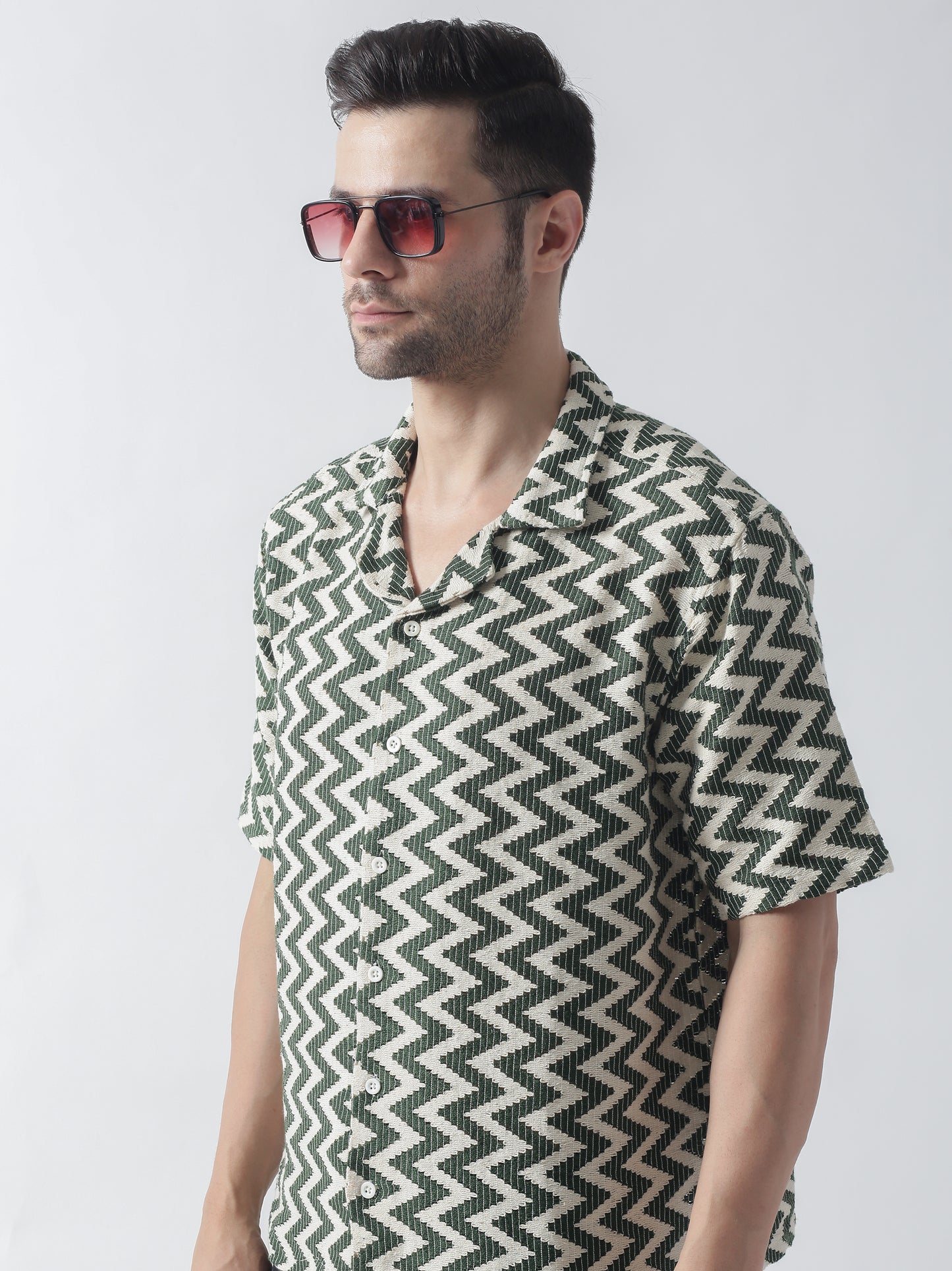 Green Crocia Casual Shirt, Has A Cuban Collar, Button Placket, Short Regular Sleeves, Straight Hem