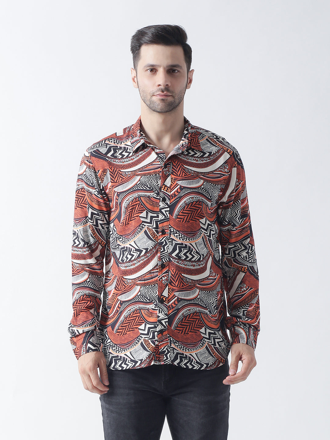 Multi printed plain weave casual shirt ,has a spread collar, button placket, long regular sleeves, curved hem