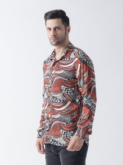 Multi printed plain weave casual shirt ,has a spread collar, button placket, long regular sleeves, curved hem