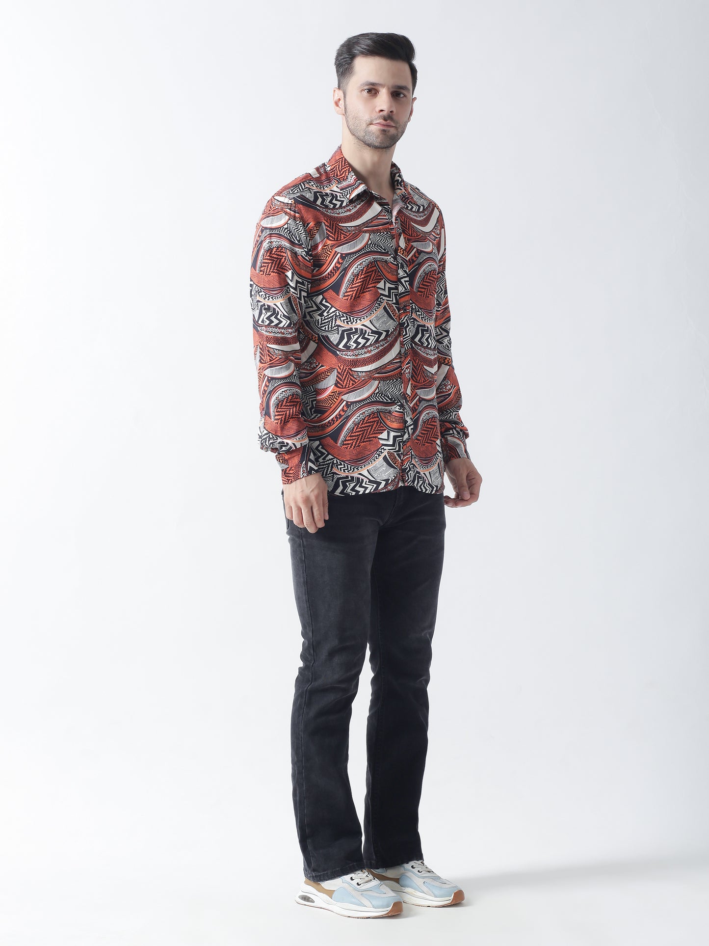 Multi printed plain weave casual shirt ,has a spread collar, button placket, long regular sleeves, curved hem