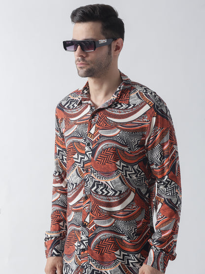 Multi printed plain weave casual shirt ,has a spread collar, button placket, long regular sleeves, curved hem