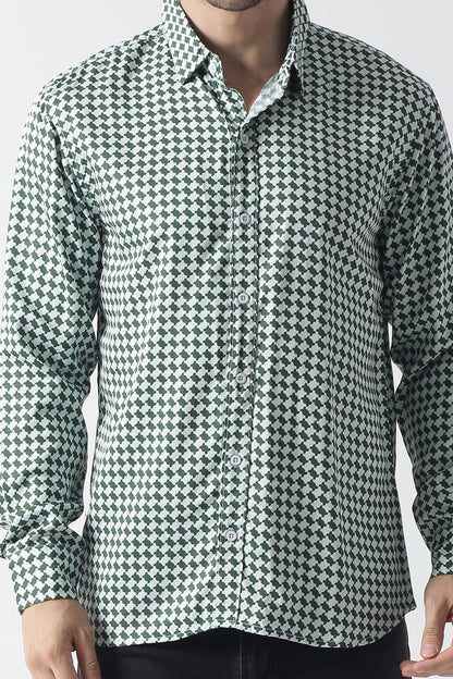 Green printed twill weave casual shirt ,has a spread collar, button placket, long regular sleeves, curved hem