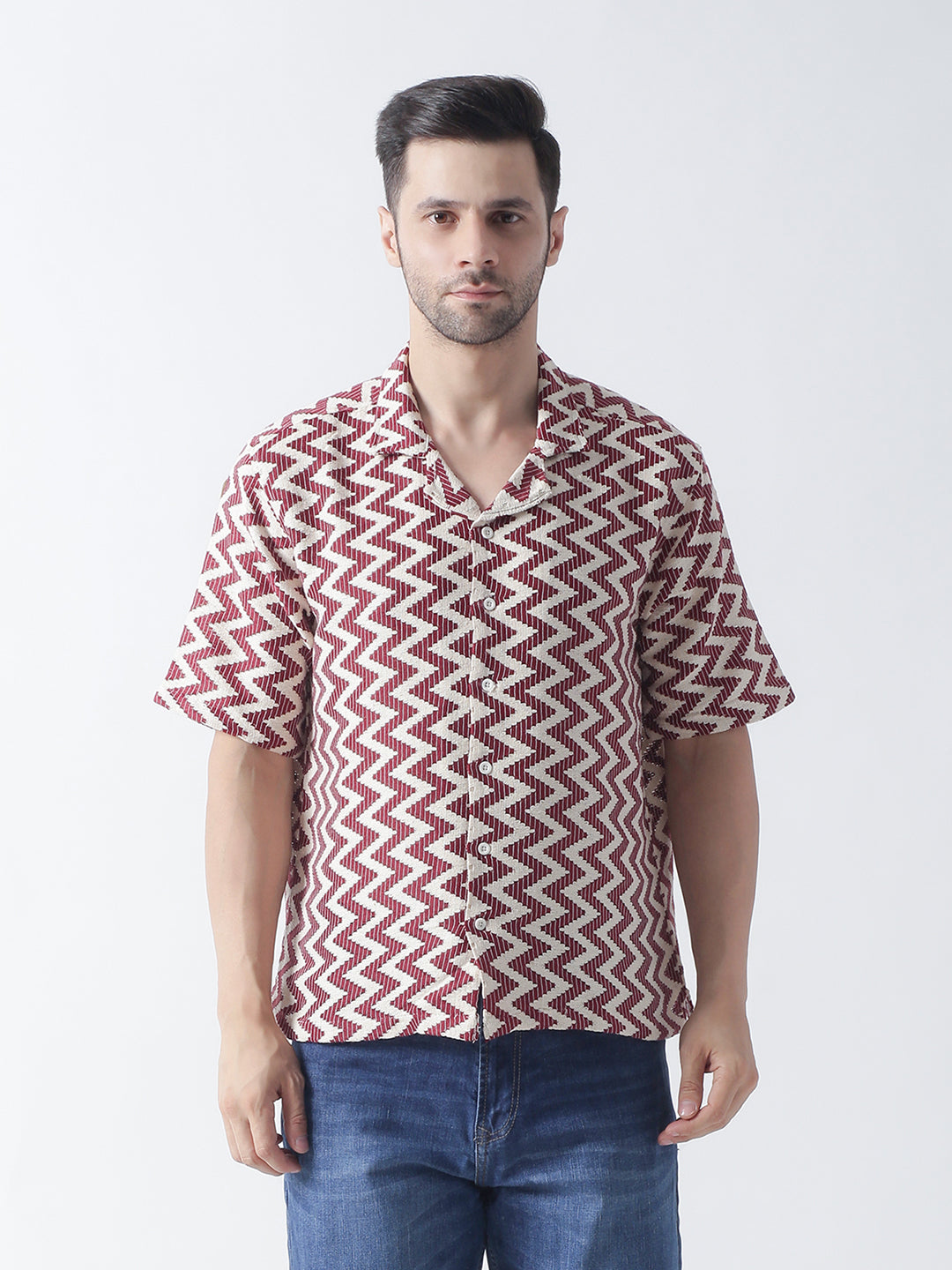 Multi Printed Casual Shirt, Has A Cuban Collar, Button Placket, Short Regular Sleeves, Straight Hem